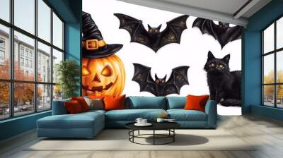 Carver pumpkin, bat, black cat, flying bat isolated on rustic elements the white background Halloween set collection decorations and fall celebrations. Wall mural