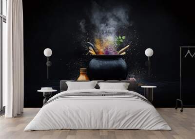 Realistic witch cauldron in a spooky scene with multicolored smoke witch cauldron for Halloween illustration. Holy night of epiphany. Wall mural