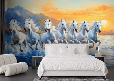 Seven running white horses wall painting mountain morning view background. Majestic and powerful scene with splashing effects. Wallpaper concept. Wall mural