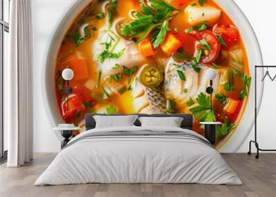 Fish soup with vegetables top view isolated on transparent background Remove png, Clipping Path, pen tool Wall mural