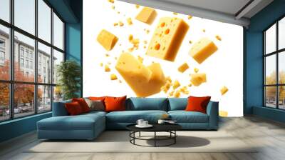 flying pieces of cheese isolated on transparent background Remove png, Clipping Path Wall mural