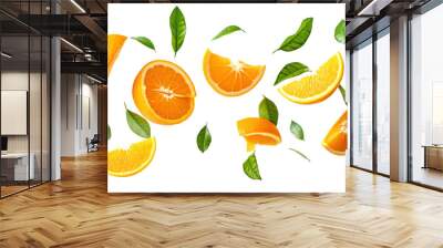 set of oranges with half slice and green leaves isolated on transparent white background, clipping path Wall mural