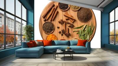 variety of spices arranged on wooden board isolated on transparent background Remove png, Clipping Path Wall mural