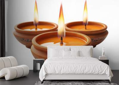 Three traditional clay diyas with burning candles on transparent background. Diwali Traditional oil lamp on transparent background Wall mural