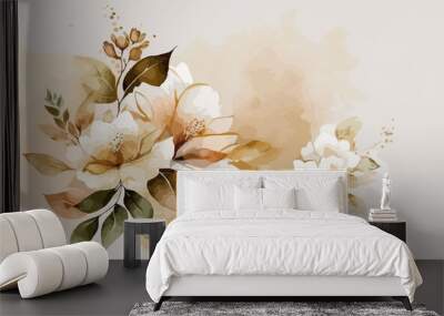 Abstract art background vector. Luxury minimal style wallpaper with gold watercolor flower gold and white watercolor flower art. watercolor gentle gold flower and gold splash and white background. Wall mural