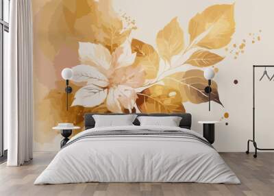 Abstract art background vector. Luxury minimal style wallpaper with gold watercolor flower gold and white watercolor flower art. watercolor gentle gold flower and gold splash and white background. Wall mural