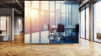 Dining room with wooden table and floor in modern apartment. Photo interior modern design room 3d illustration Wall mural