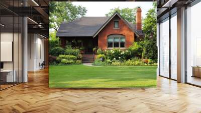 house in the garden, Orange wooden hut in the garden with many tall trees. Garden shed with lawn in front of him Wall mural