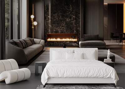 luxury hotel room with furniture Modern classic interior of living room, gray sofa and marble table on black. Wall mural