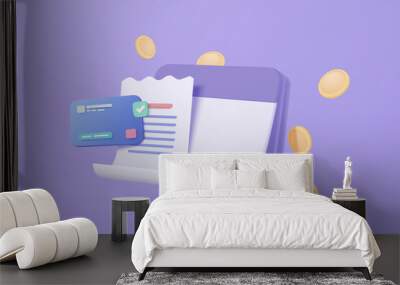 3d bank account book, passbook with credit card, financial online purchase and transaction, fund transfer, business invoice bill, banking payment receipt concept, 3d icon vector render illustration Wall mural