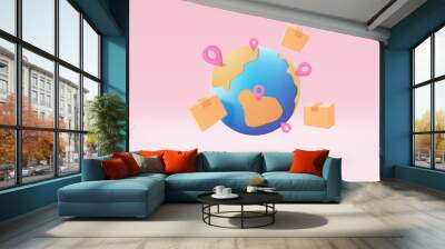 3D earth globe with pinpoints online deliver service, delivery tracking, pin location point marker of shipment concept. Product shipping out from world map. Logistic icon 3d vector render illustration Wall mural