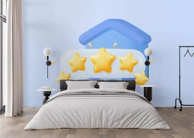 3D icon sign residence for personal loan with rating stars for best excellent services. Review for quality customer feedback from client employee. 3d mortgage housing icon vector render illustration Wall mural