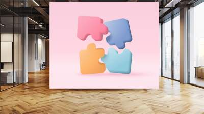 3D jigsaw puzzle pieces symbol of teamwork. Problem-solving, business challenge of people connection jigsaw puzzle, partnership concept. 3d teamwork idea icon vector render illustration Wall mural