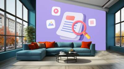 3d media file management concept. Searching image and video files in database. Document management soft, document flow app, compound docs concept. 3d magnifying icon vector rendering illustration Wall mural