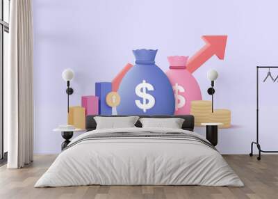 3D money bags and coin stack saving in background. Money bags growing business concept for finance, investment, online payment and payment. 3d money earning vector render isolated on pastel background Wall mural