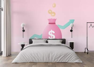 3D money bags and coin stack saving in background. Money bags growing business concept for finance, investment, online payment and payment. 3d money earning vector render isolated on pink background Wall mural