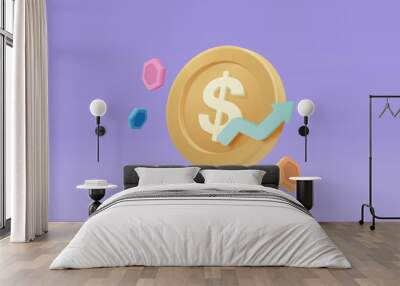 3D money coin saving on pastel purple background. bundles cash and floating coins exchange with finance business concept, earning investment. 3d vector icon trading for investment render illustration Wall mural