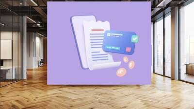 3d pay money with mobile phone banking online payments concept. Bill on smartphone transaction with credit card. Mobile with financial paper on background. 3d bill payment vector icon illustration Wall mural