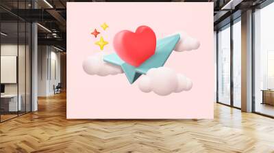 3d romantic valentine composition. Valentine's Day festive decorative objects, heart shape focus in love, heart and love emoji icon feeling in love. 3d romance icon vector render illustration Wall mural