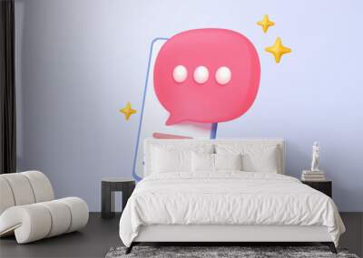 3D speech bubbles on mobile phone with alert notice. Comment 3d or user reply sign, reminder chat message push on social media. 3d speech icon vector with shadow render illustration Wall mural