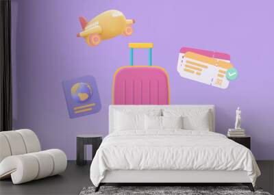 3D suitcase with identity passport and flight plane travel tourism trip planning. Tourism plane trip planning world tour with travel bag on holiday summer concept. 3d icon vector render illustration Wall mural