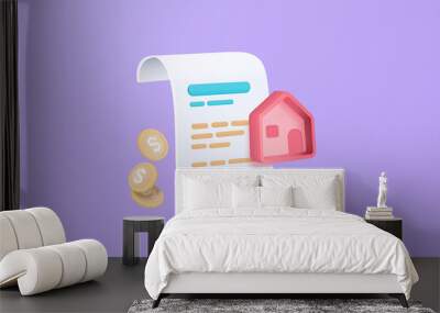 3D vector bill with home for payment transaction with money coin. Business house invoice bill expenses idea concept. 3d cartoon render paper receipt for shopping in store isolate purple background Wall mural