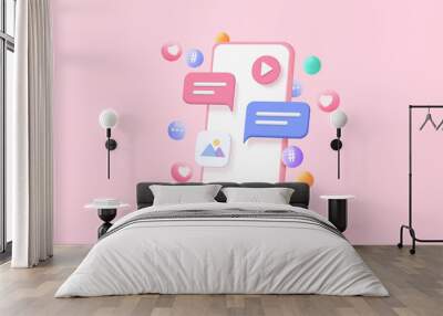 3D vector minimal social media with video and photo gallery on mobile application and mobile web design, user interface optimization for banner and website. Image 3d render on pink background Wall mural