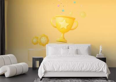 3d winners minimal with golden cup, gold winners stars on podium background. Award ceremony first and second and third concept on podium. 3d vector render isolated on blue pastel background Wall mural