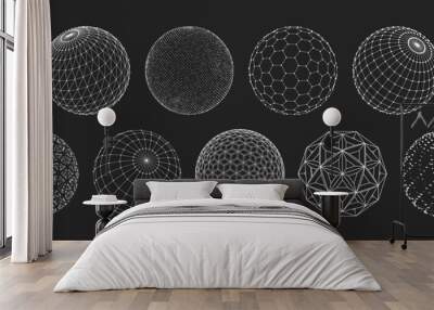 3D sphere mesh grid, globe or ball in circle net wire, vector digital earth. 3D sphere in wireframe or geometric network in dots and lines or mesh grid frames, science and technology object Wall mural