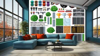 8 bit pixel art race game, top view of racing track, cars and equipment, vector icons. Arcade video game elements of karting car, speed road and traffic signs with racetrack texture and speedometer Wall mural