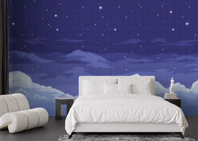 8bit pixel art night sky background, game space landscape features a dark blue canvas with scattered stars, creating a nostalgic, retro atmosphere. Vector parallax 2d heavenly gui location, wallpaper Wall mural