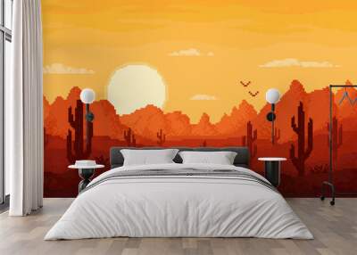 8bit pixel desert landscape, arcade game level vector background with mountains and sunset. 8 bit pixel art game cartoon landscape of Arizona or Texas desert with canyon rocks, cactus, birds and sun Wall mural