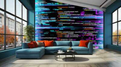 Abstract background with glitched program code parts. Vector backdrop with programming language and random glowing pixels. Black monitor screen with distortion and glitch effect, computer error or bug Wall mural