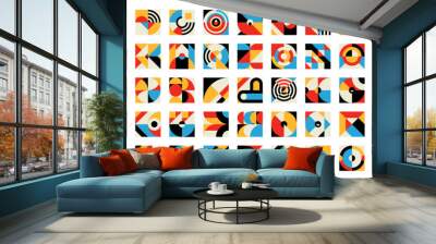 Abstract geometric elements, modern pattern of color square, circle, triangle and rectangle vector shapes. Modern simple graphic elements of line, dots, arches and zigzag compositions, minimal art Wall mural