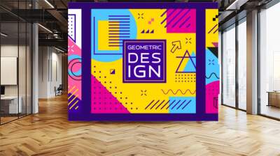 Abstract geometric Memphis banners. Modern square templates, feature vibrant colors, simple shapes and bold patterns in retro-modern style of 1980s design movement. Vector playful cards or story posts Wall mural