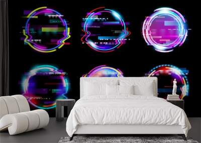 Abstract neon glow circle glitch vector frames. Futuristic ring glitch distortion and screen bug light effects frame border lines with static noise on black background, future technology Wall mural