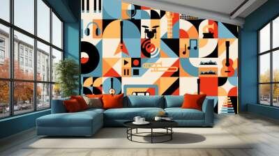 Abstract retro music geometric pattern. Jazz music festival or concert live show vector wallpaper background or print with electric and acoustic guitar, vinyl record disc and piano, sound wave Wall mural