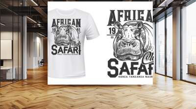 African safari club t-shirt vector print with hippo. African hippopotamus muzzle engraved illustration and typography. Trophy and sport hunting club apparel custom print design with savanna animal Wall mural