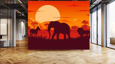 African sunset landscape with safari animals silhouettes. Vector background with elephant, zebra, lion, giraffe and rhino at dusk savannah scenery nature with red sky, sun and vegetation shadows Wall mural