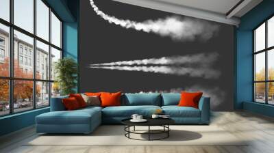 Airplane chemtrails, vector plane smoke trails, jet clouds. Rocket curve and straight contrail white lines. Vapor effect in sky, spray tracks, air pollution isolated realistic 3d design elements Wall mural