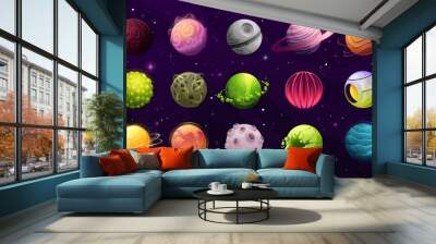 Alien planets, galaxy fantasy worlds cartoon icons. Artificial planet, satellite with hot and rocky surface, extraterrestrial organism, star and fantastic spaceship vector. Game design elements Wall mural