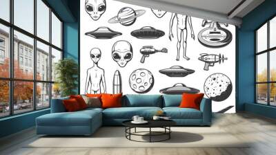 Aliens, ufo and space shuttles vector retro icons. Extraterrestrial comer with long arms, skinny body and huge eyes. Laser gun, saturn planet and spaceshipwith alien saucers in cosmos isolated labels Wall mural