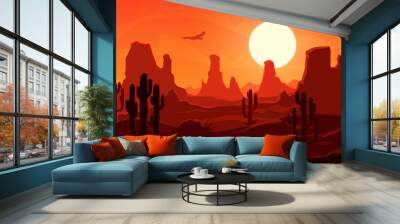 American or mexican desert landscape with mountains and cactus silhouettes. Desert sunset scene vector background of Wild West or Mexico nature themes with hot sand and rock canyon, cacti plants, bird Wall mural