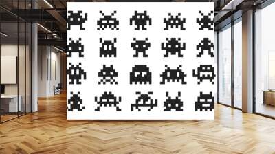 Arcade game pixel monsters characters. Retro video game vector silhouettes of aliens, space invaders, robots, zombies and viruses personages. 8 bit pixel art monsters with antennas and tentacles Wall mural