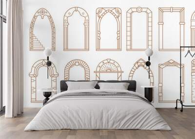 Art deco arch frames, arcs, doors or borders vector set. Ornate archways and doorways in Boho style. Architectural, arched entrances with decorative columns and patterns in a clean line art style Wall mural