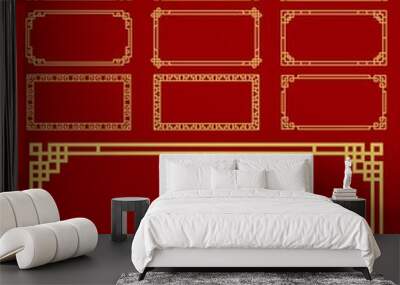 Asian frames and borders, korean, chinese and japanese embellishment. Vector golden frames with traditional asia knot ornament or pattern. Oriental graphic vintage gold border on red background Wall mural