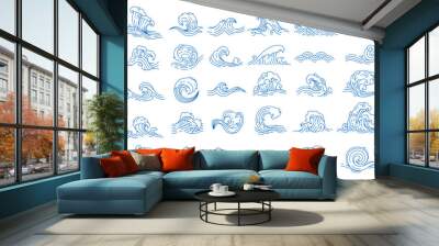 Asian japanese or chinese sea waves, vector oriental art. Vintage asian waves with ocean and sea water flow texture. Blue line splashes and tsunami surf with water swirls and ripples pattern Wall mural