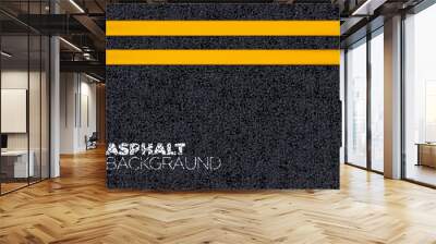 Asphalt road texture background of black tarmac surface with double solid yellow marking lines. Vector grunge pavement of street road, highway or roadway, pattern of asphalt concrete, bitumen Wall mural