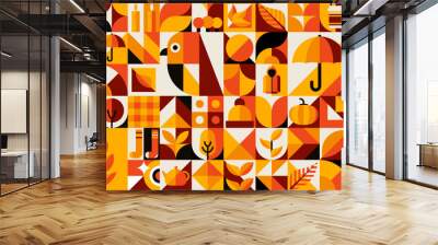 Bauhaus pattern with autumn and Thanksgiving harvest. Business presentation retro composition, corporate identity abstract forms and elements vector background with autumn tree leaves and clothing Wall mural