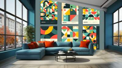 Bauhaus posters with geometric abstract patterns of vector circle, square, triangle and dot shapes. Retro simple color geometry backgrounds set for modern wall arts, cards and covers Wall mural